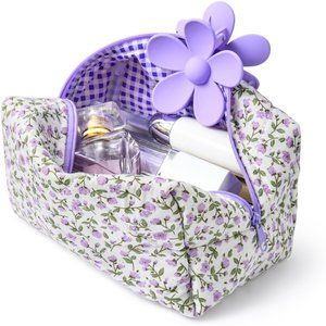 Women Quilted Makeup Bag Floral Cosmetic Bag Puffy Coquette Makeup pouch